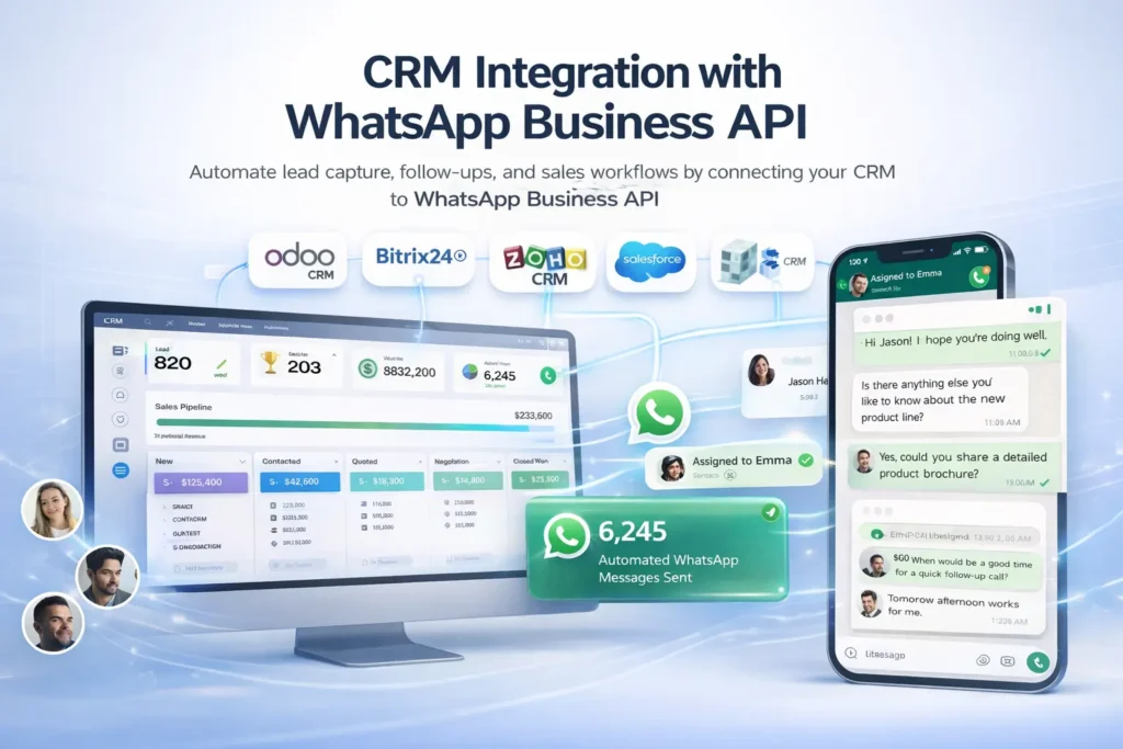 CRM Integration with WhatsApp Business API connecting Odoo, Bitrix24, Zoho, HubSpot, and Salesforce with automated lead capture and sales workflow dashboard
