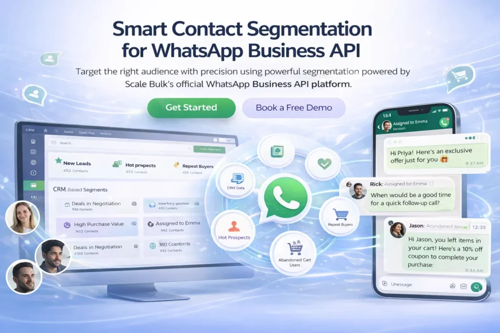 Contact Segmentation for WhatsApp Business API dashboard showing CRM-based audience targeting and personalized WhatsApp messaging automation