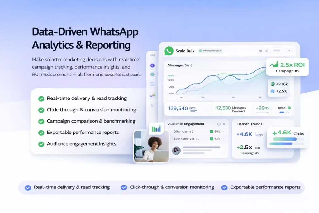 WhatsApp Analytics & Reporting dashboard showing real-time campaign performance, delivery rates, engagement metrics and ROI tracking