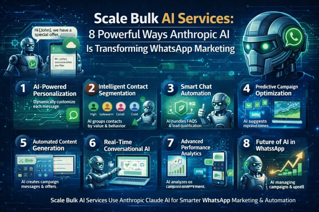Scale Bulk Ai Services Infographic Showing Ai-Powered Whatsapp Marketing Automation, Smart Chat Bots, Intelligent Contact Segmentation And Predictive Campaign Analytics