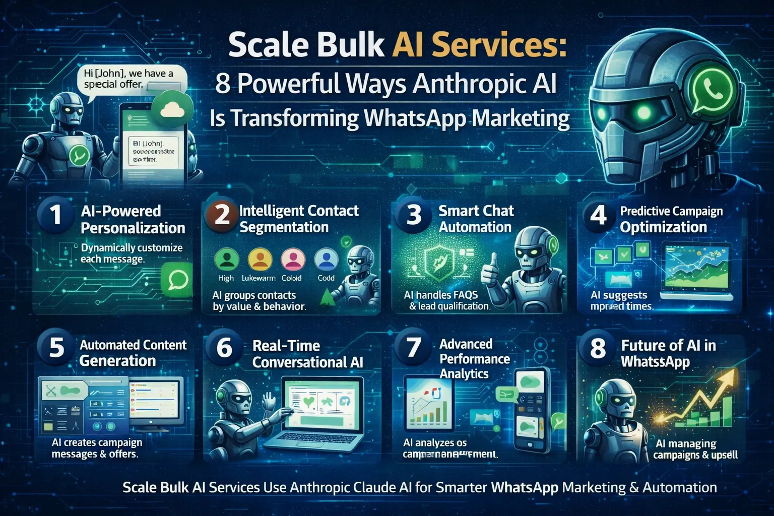 Scale Bulk AI Services infographic showing AI-powered WhatsApp marketing automation, smart chat bots, intelligent contact segmentation and predictive campaign analytics